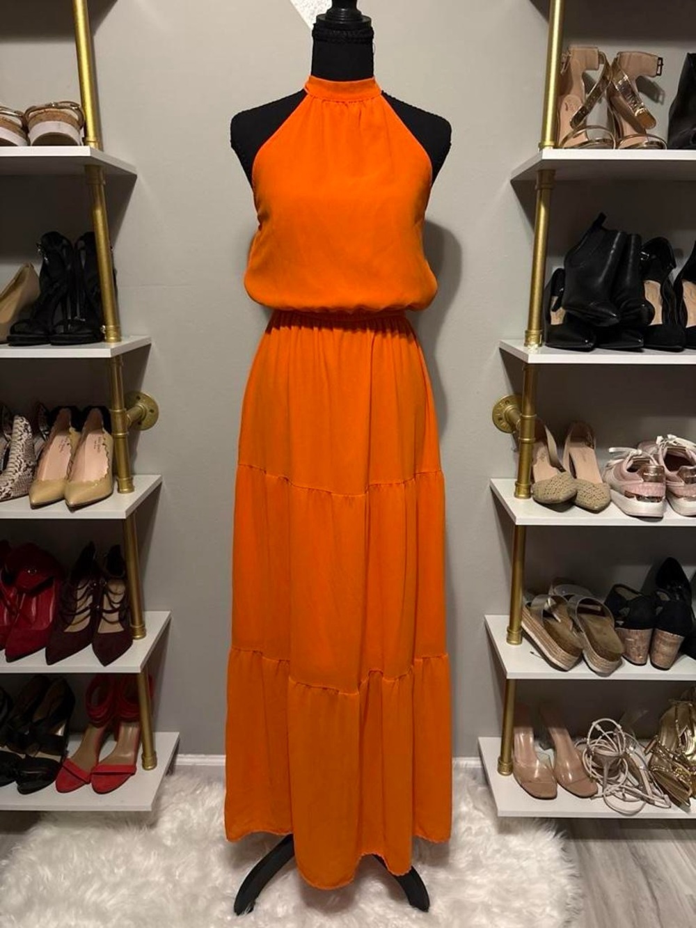 Sleeveless Orange Halter Maxi Dress with Elastic Waist